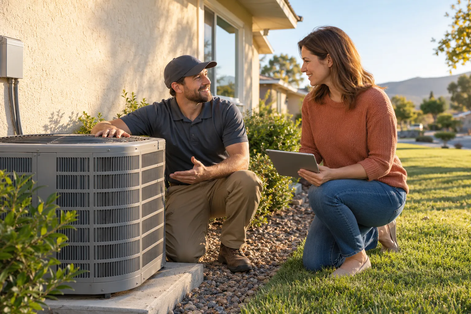 Friendly provider checking an outdoor AC unit beside a stucco home in San Bernardino