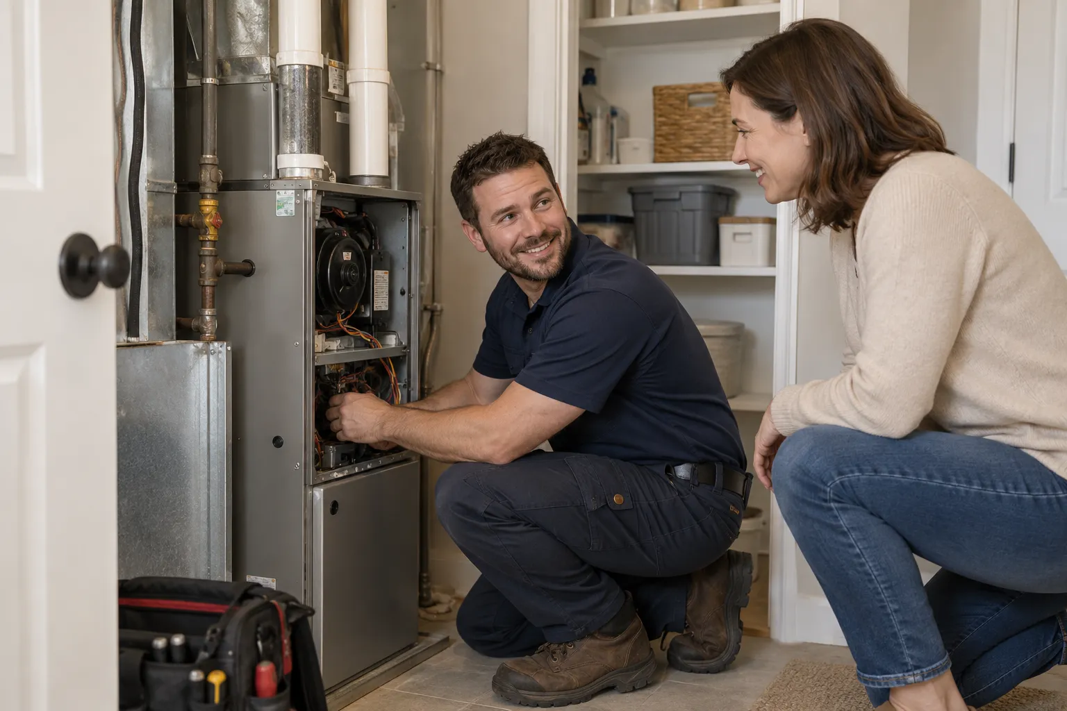 A provider checking a furnace in a home across the San Bernardino area